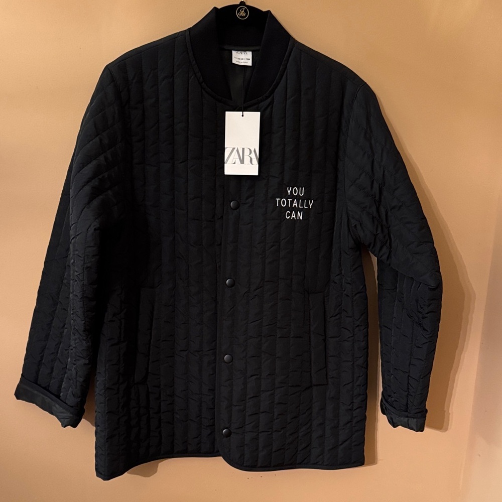 Zara Black Quilted Bomber Jacket with 'You Totally Can' Embroidery